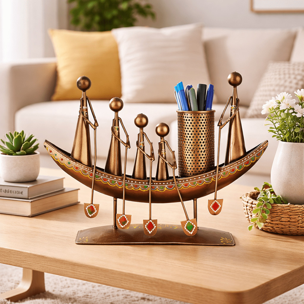 Spiritual Soul Metal Boat Pen Holder Decorative Desk Organizer