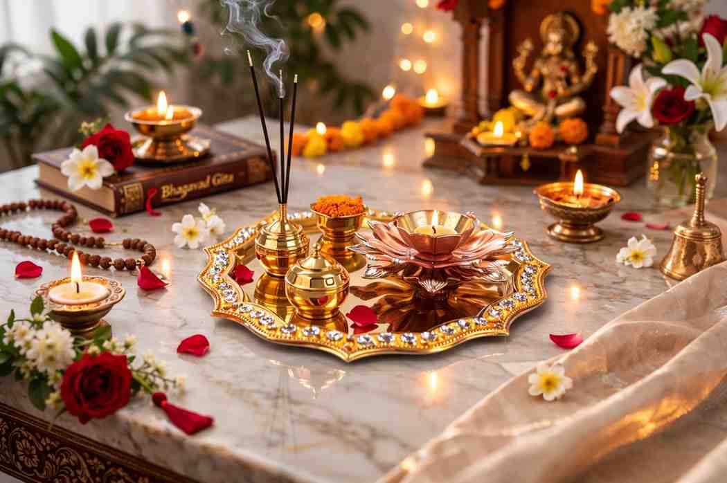 Spiritual Soul Pooja Thali Set with Lotus Diya