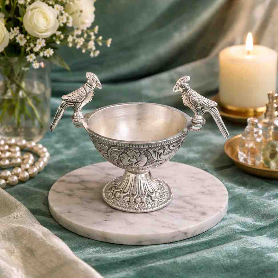 Spiritual Soul Silver Parrot Bowl – Decorative German Silver Serving Bowl with Bird Handles