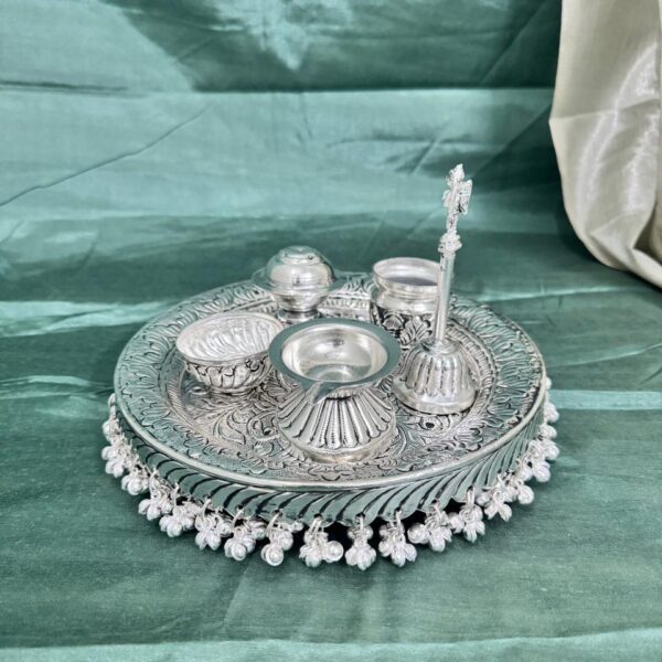 Handcrafted Silver-Plated Pooja Thali Set with Engraved Design | Complete Pooja Essentials