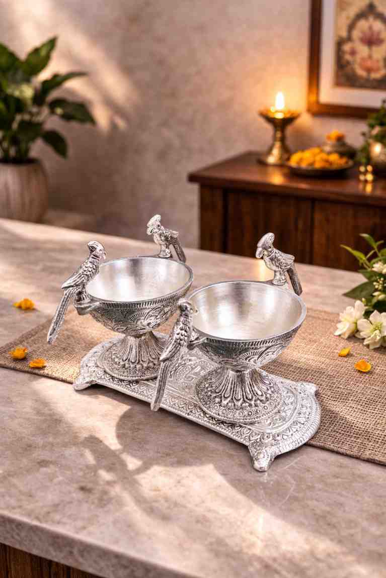 Silver Dry Fruit Bowl Set with Decorative Tray