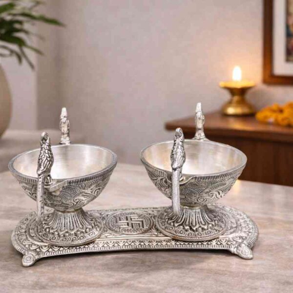 Silver Dry Fruit Bowl Set with Decorative Tray