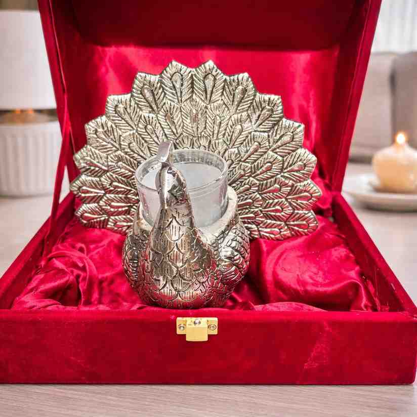 Silver Peacock Candle Holder Gift Set