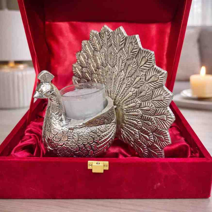 Silver Peacock Candle Holder Gift Set