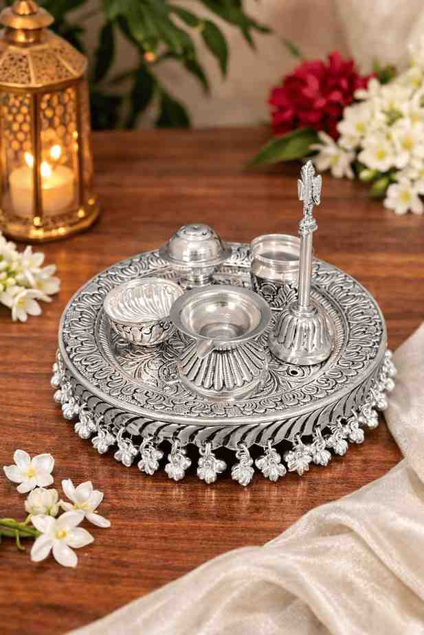 Spiritual Soul Exclusive German Silver Pooja Thali Set