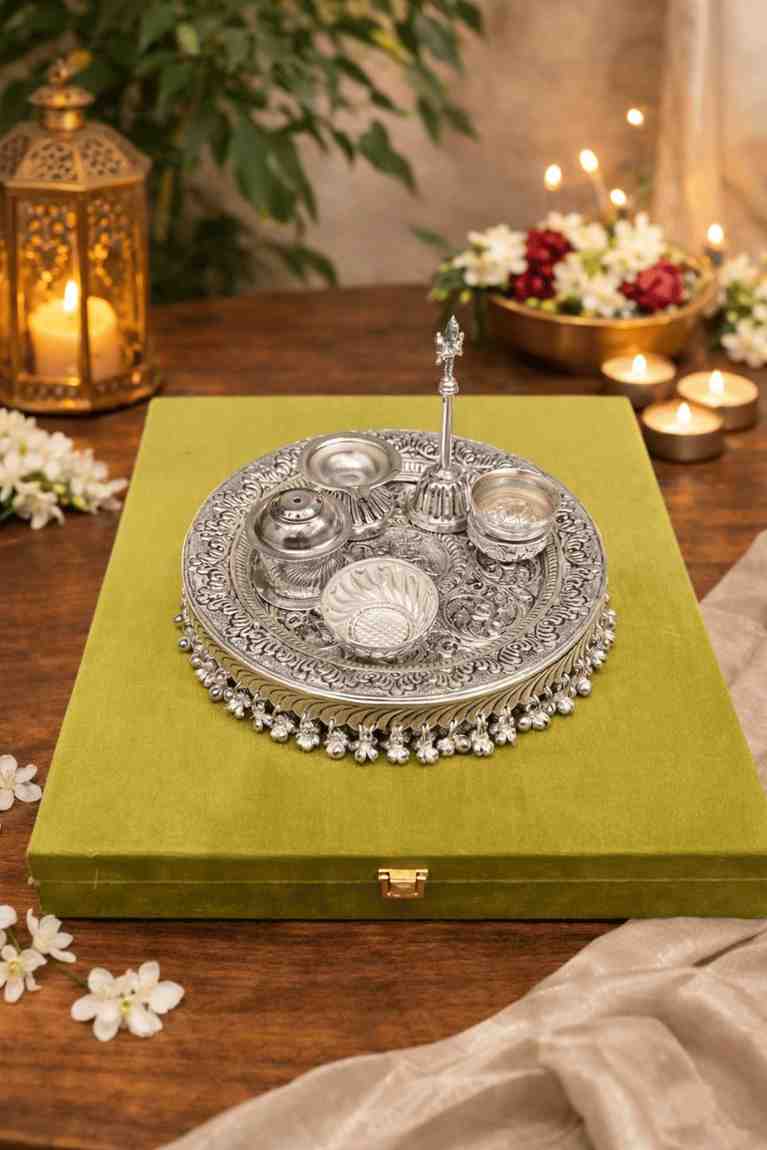 Spiritual Soul Exclusive German Silver Pooja Thali Set