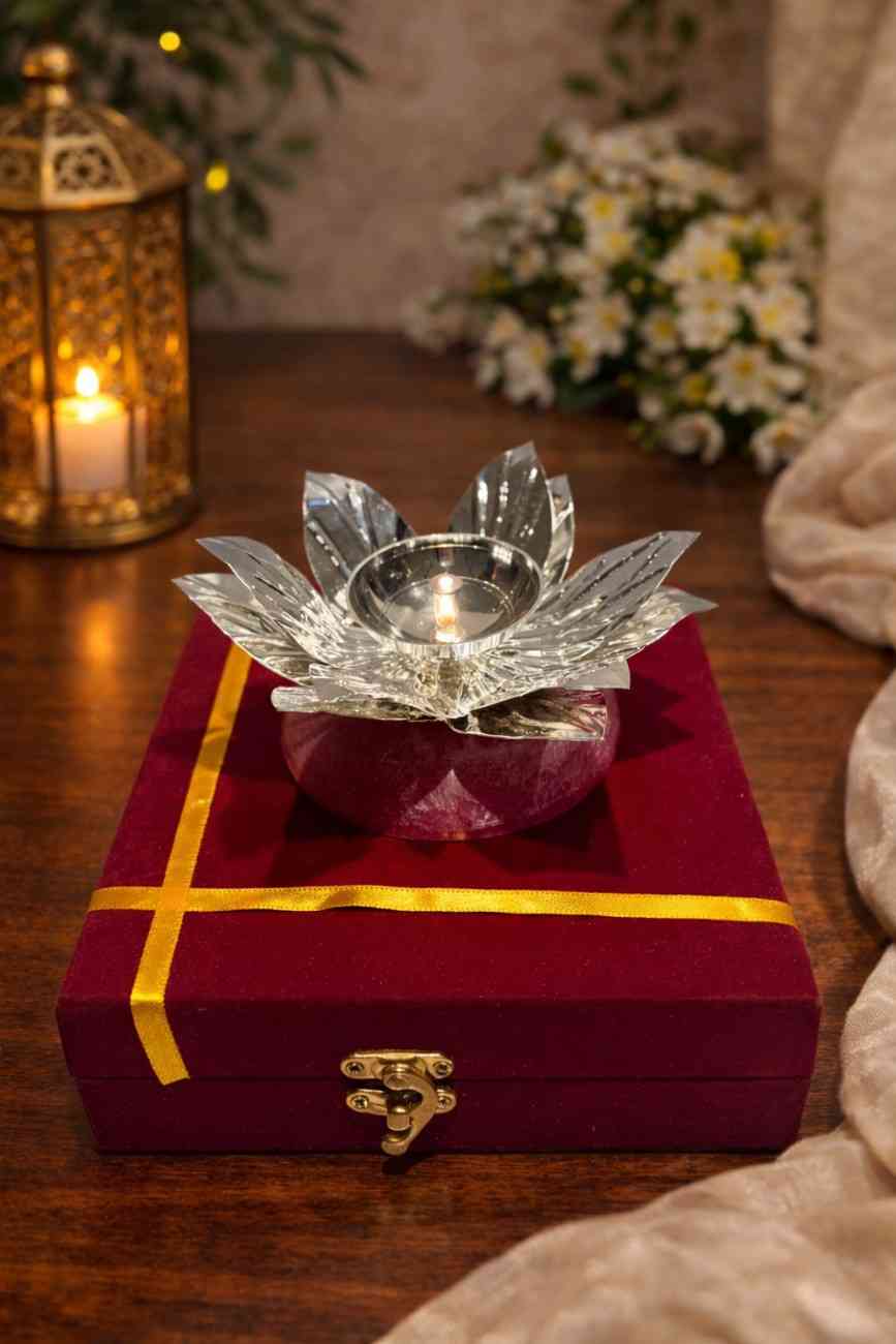 Spiritual Soul Silver Lotus Diya Gift Box