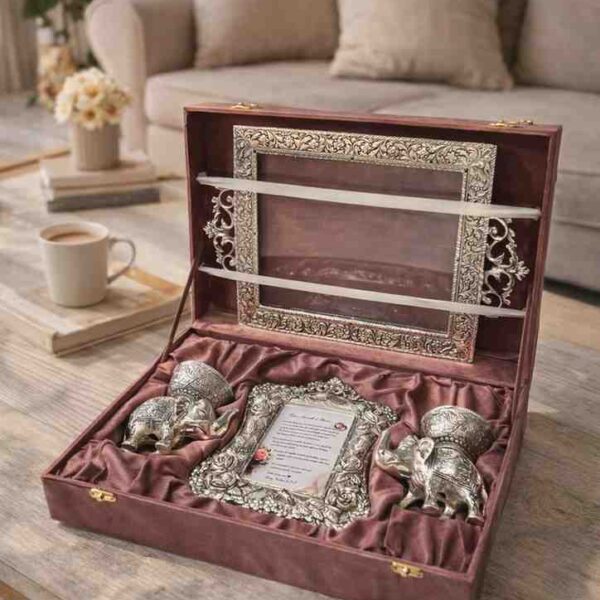 Silver Elephant Bowl Gift Set with Photo Frame and Decorative Tray