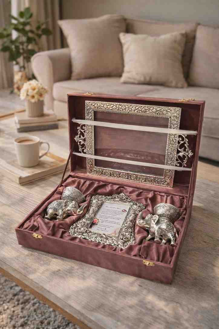 Silver Elephant Bowl Gift Set with Photo Frame and Decorative Tray
