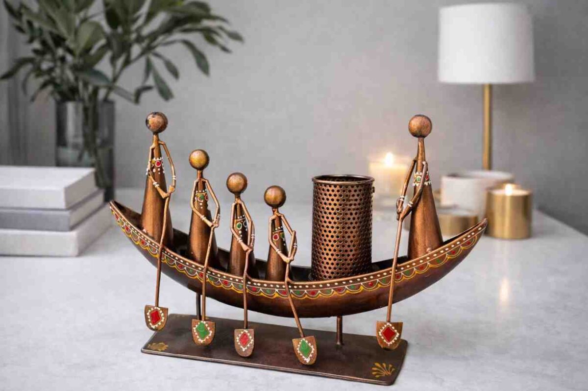 Spiritual Soul Metal Boat Pen Holder Decorative Desk Organizer