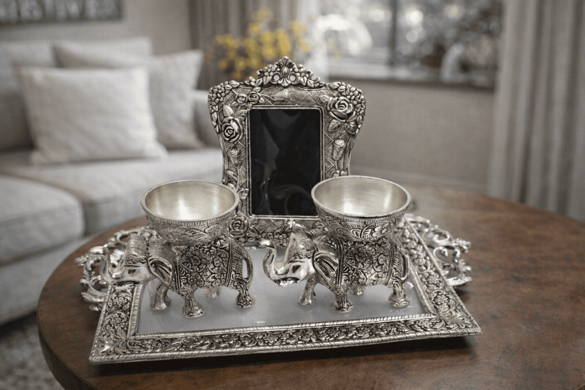Silver Elephant Bowl Gift Set with Photo Frame and Decorative Tray