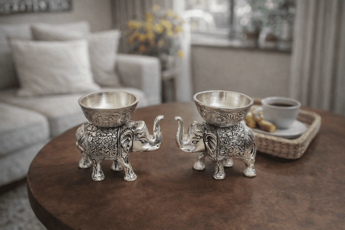 Silver Elephant Bowl Gift Set with Photo Frame and Decorative Tray