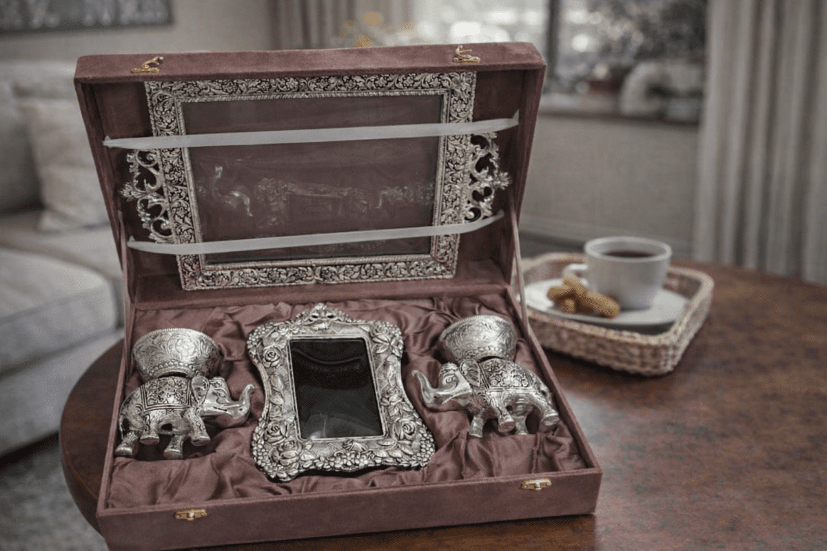 Silver Elephant Bowl Gift Set with Photo Frame and Decorative Tray