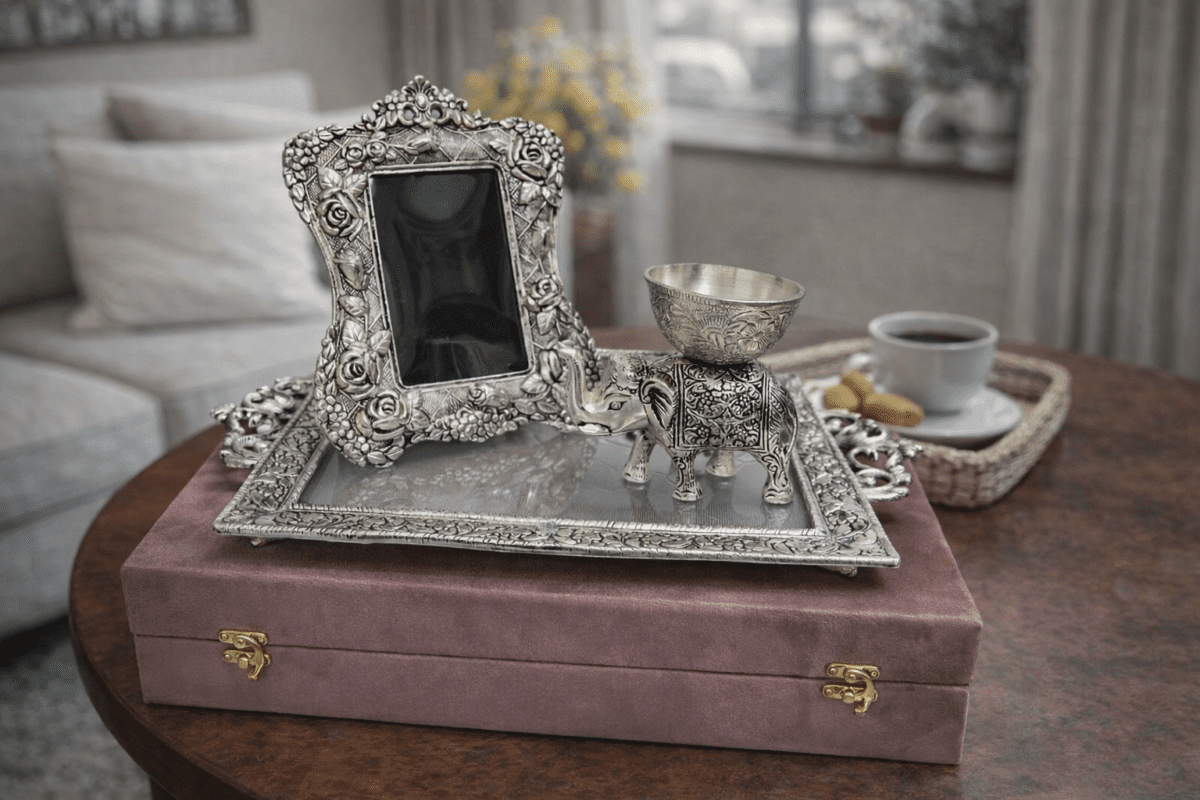 Silver Elephant Bowl Gift Set with Photo Frame and Decorative Tray
