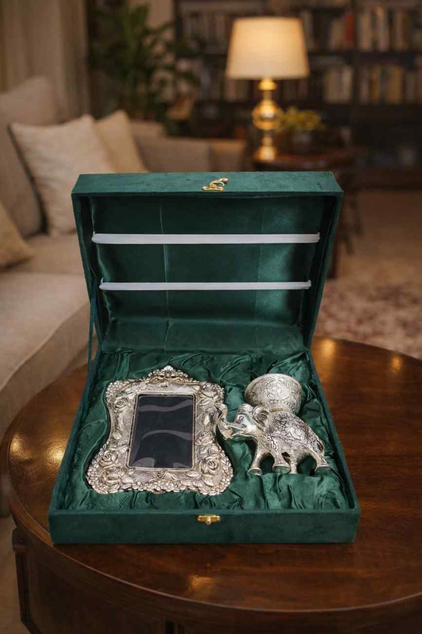 Silver Elephant Photo Frame Gift Set with Decorative Box