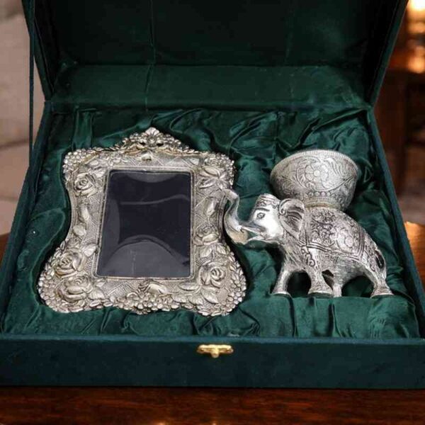 Handcrafted silver finish frame and elephant decorative bowl inside velvet gift packaging