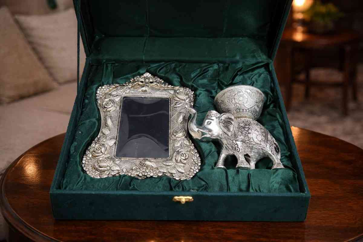 Silver Elephant Photo Frame Gift Set with Decorative Box