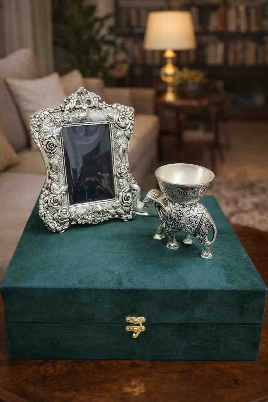 Silver Elephant Photo Frame Gift Set with Decorative Box