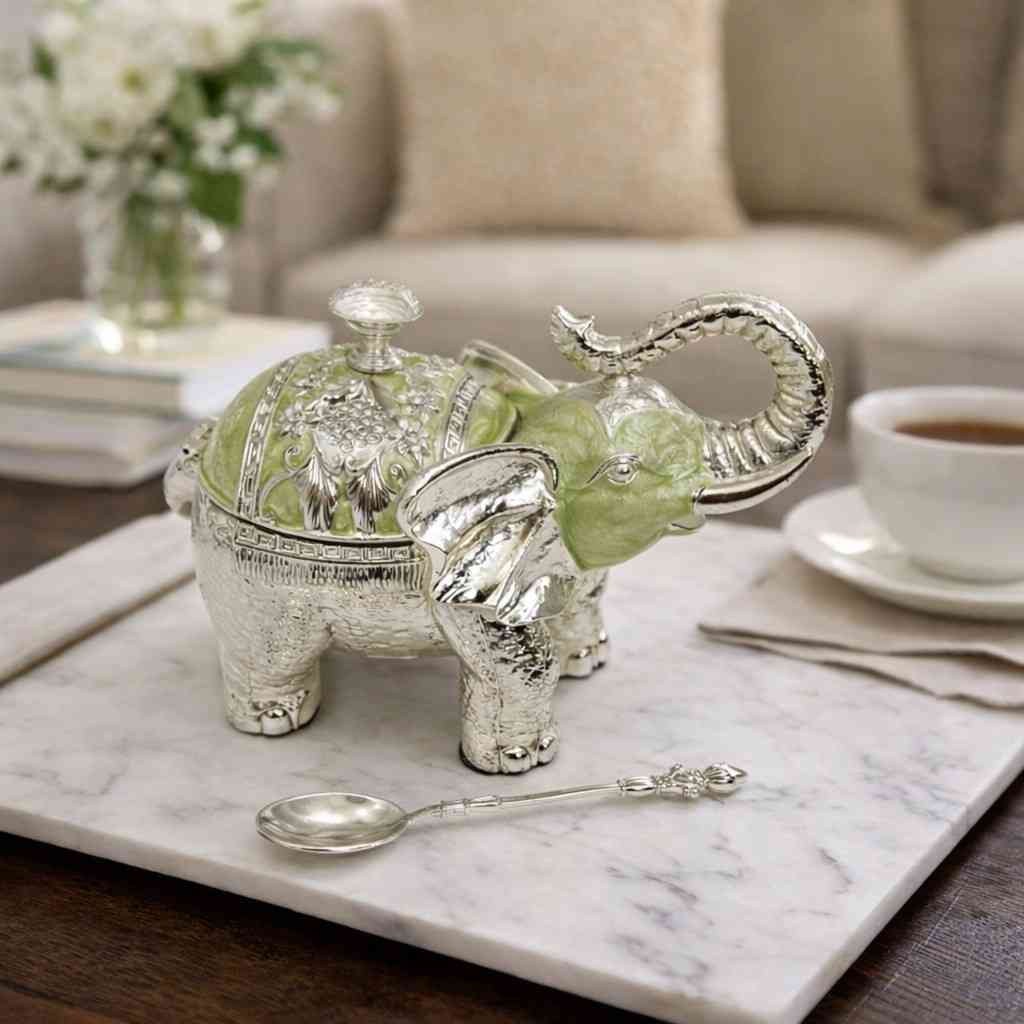 German Silver Elephant Decorative Bowl with Spoon 1 German Silver Elephant Decorative Bowl with Spoon