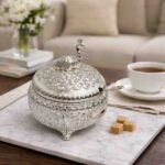 German Silver Peacock Decorative Bowl with Lid and Spoon