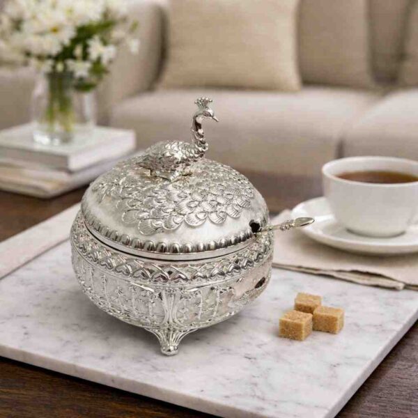 German Silver Peacock Decorative Bowl with Lid and Spoon