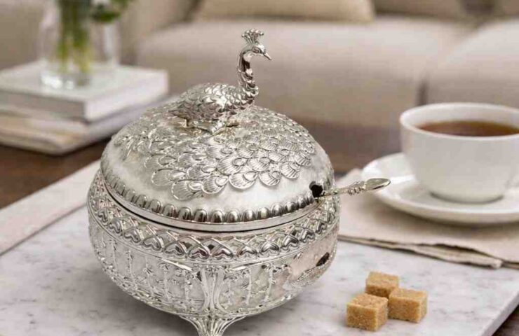 German Silver Peacock Decorative Bowl with lid and spoon