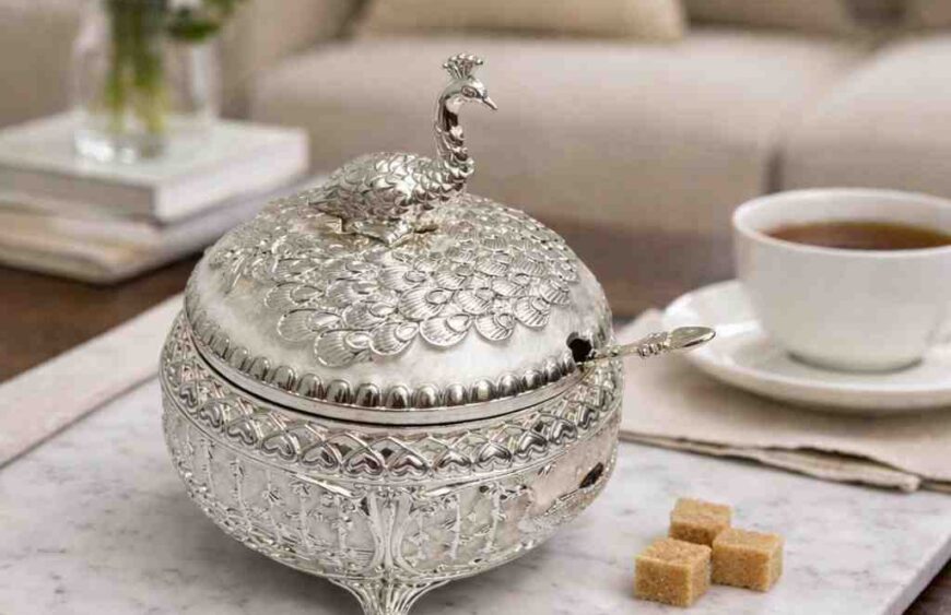 German Silver Peacock Decorative Bowl with lid and spoon