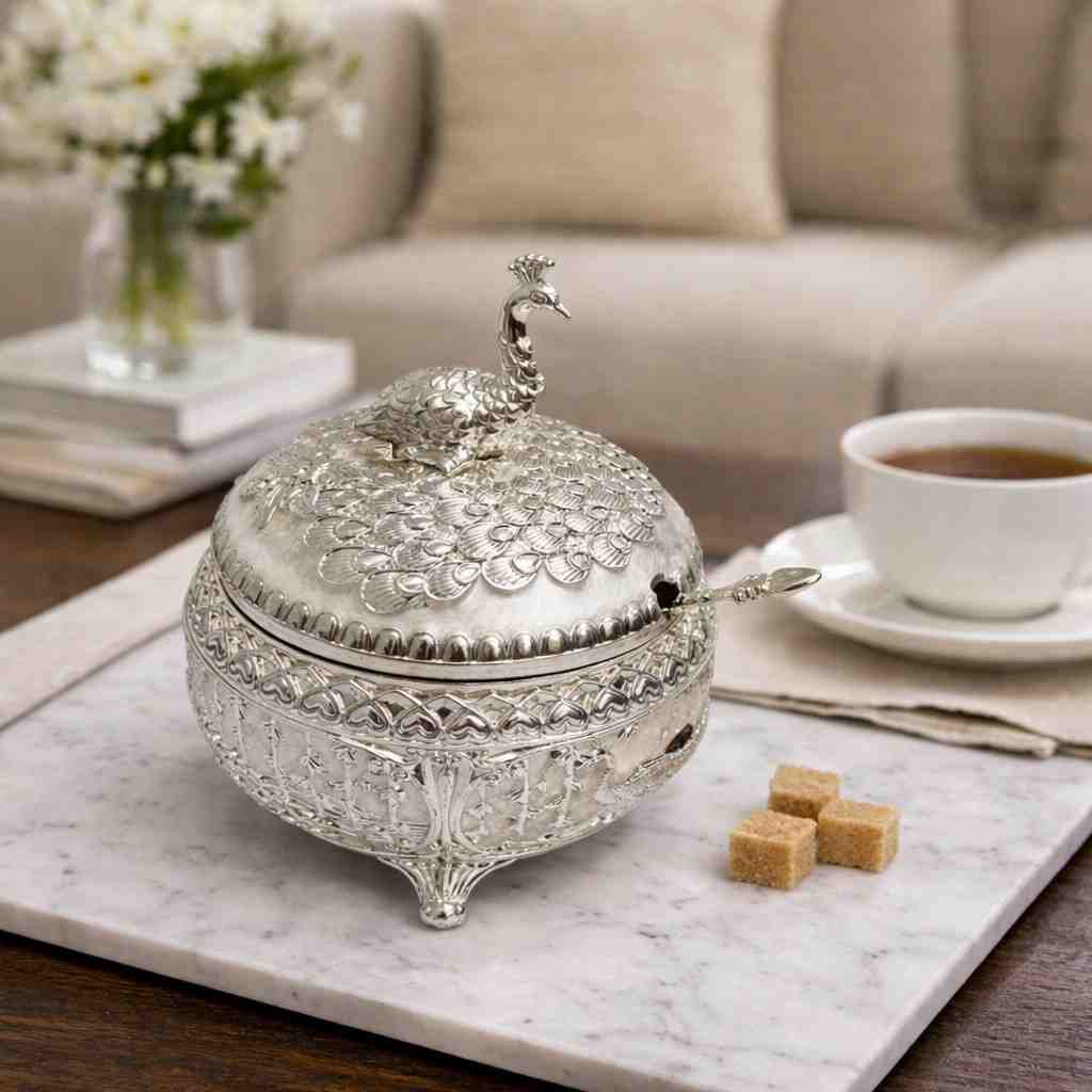 German Silver Peacock Decorative Bowl with lid and spoon