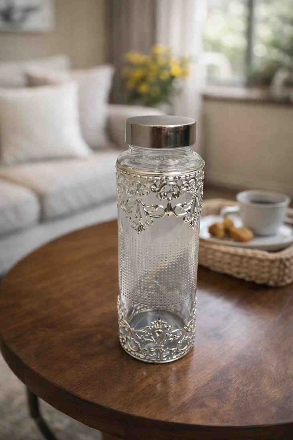 Spiritual Soul Silver Filigree Glass Bottle with Velvet Gift Box – Luxury Decorative Glass Water Bottle