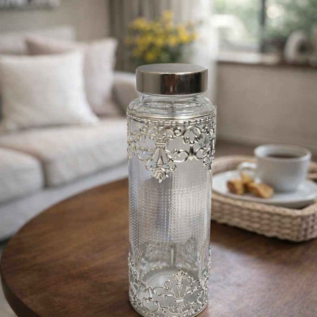 Spiritual Soul Silver Filigree Glass Bottle with Velvet Gift Box – Luxury Decorative Glass Water Bottle