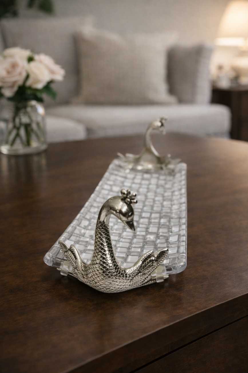 German Silver Swan Handle Glass Serving Tray