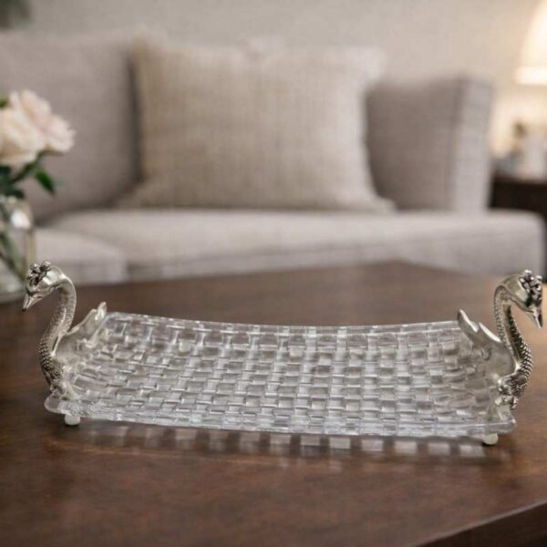 German Silver Swan Handle Glass Serving Tray