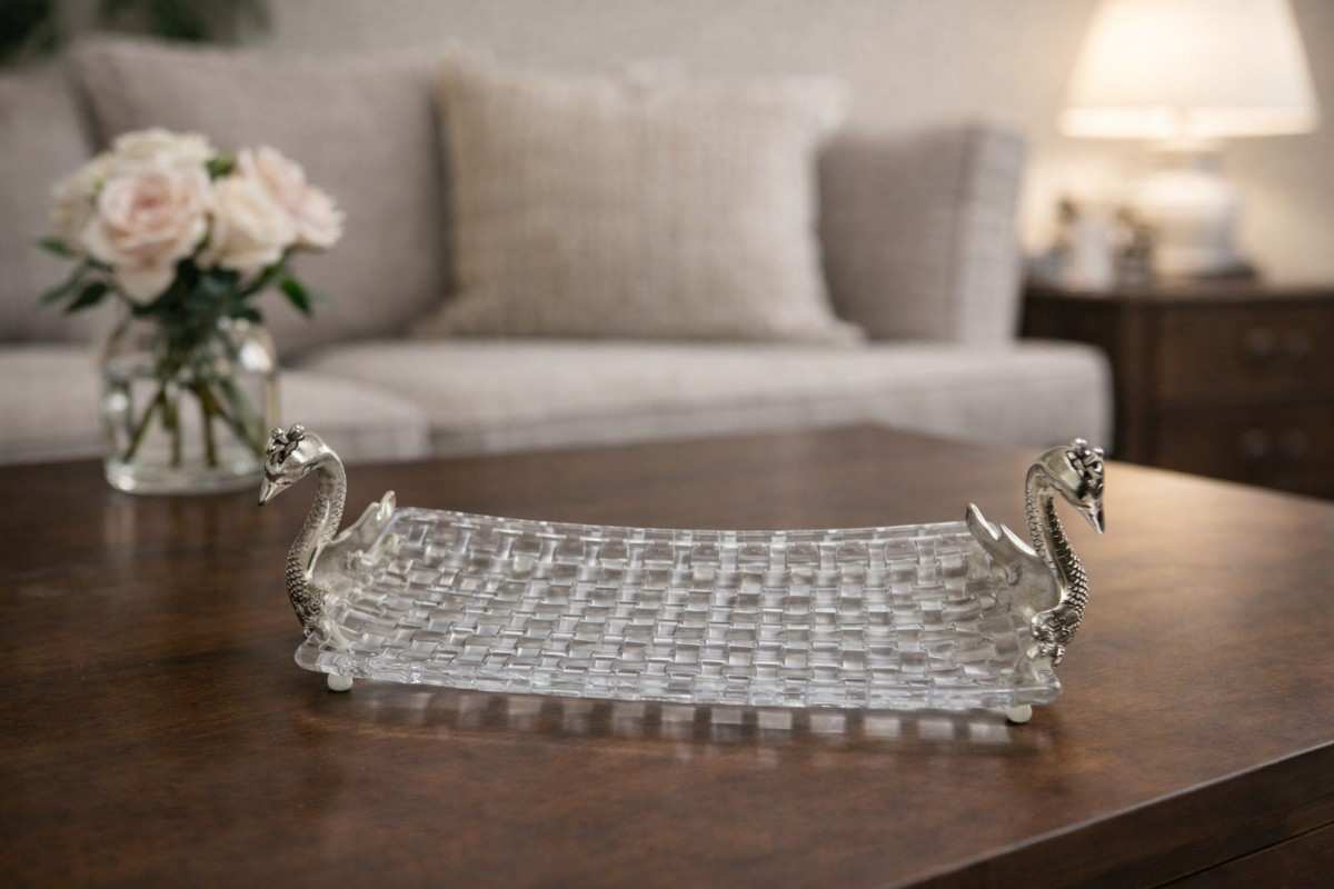 German Silver Swan Handle Glass Serving Tray