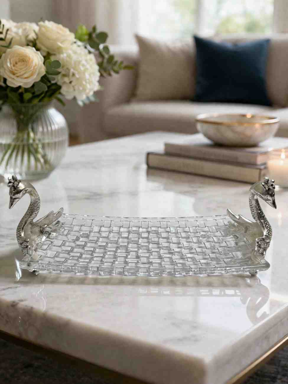 German Silver Swan Handle Glass Serving Tray