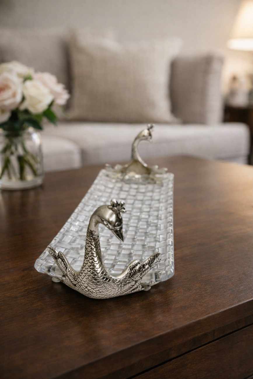 German Silver Swan Handle Glass Serving Tray