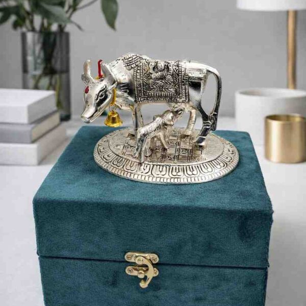 Silver Kamdhenu Cow with Calf Decorative Gift Box