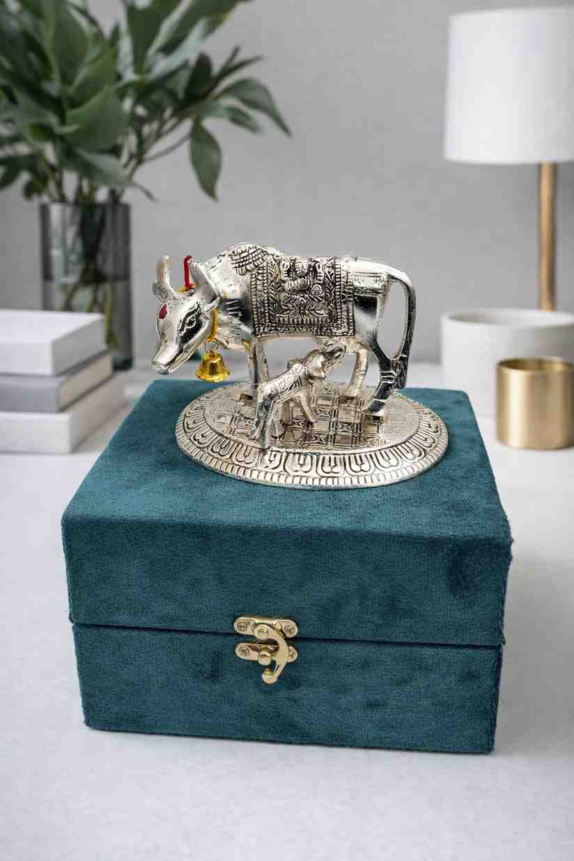 Silver Kamdhenu Cow with Calf Decorative Gift Box 1 Silver Kamdhenu Cow with Calf Decorative Gift Box
