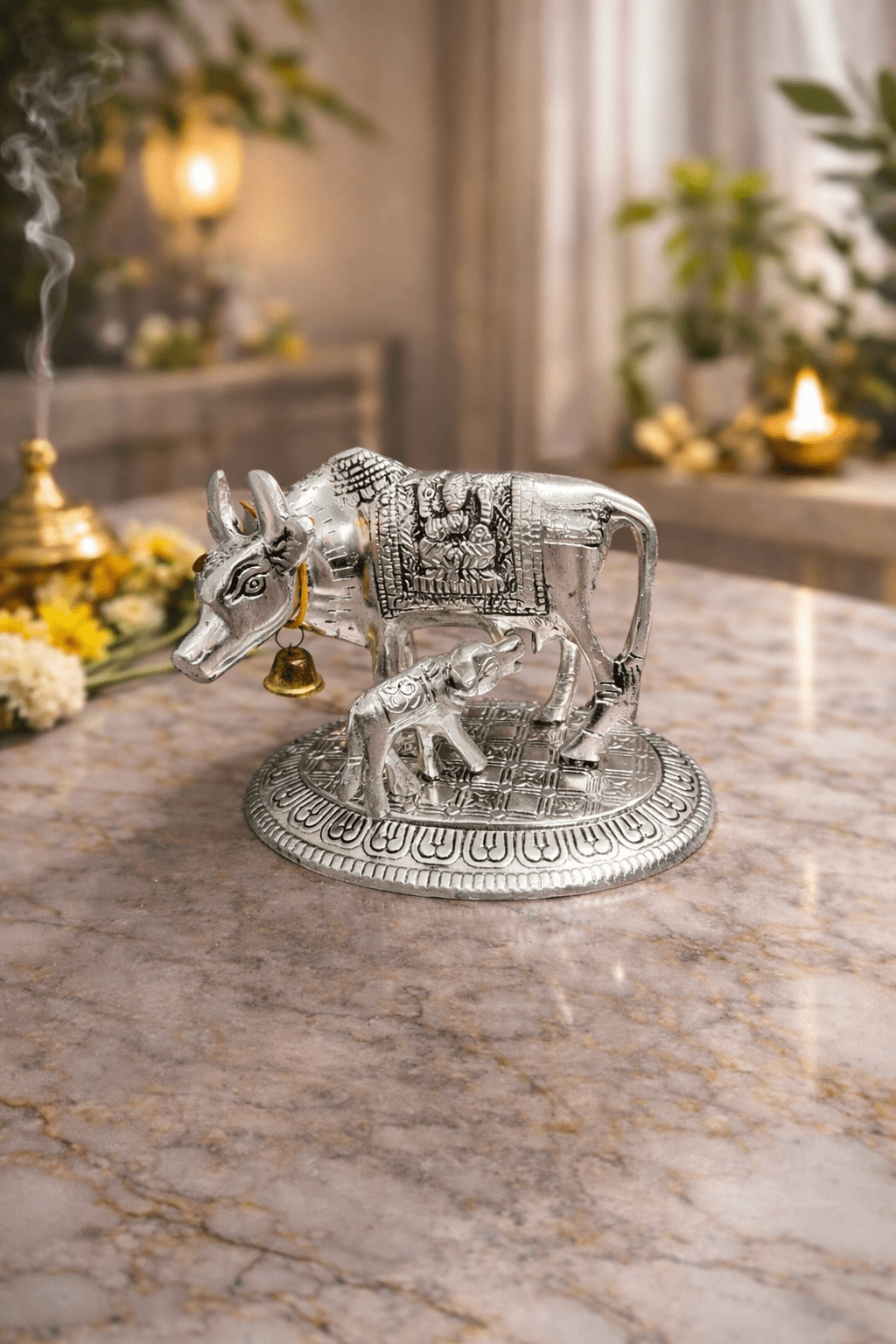 Silver Kamdhenu Cow with Calf Decorative Gift Box 5 Silver Kamdhenu Cow with Calf Decorative Gift Box