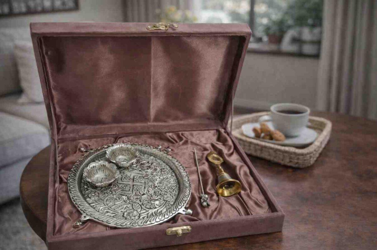 Spiritual Soul Silver Pooja Thali Set with Bell and Diya in Velvet Gift Box