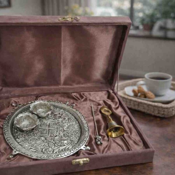Spiritual Soul Silver Pooja Thali Set with Bell and Diya in Velvet Gift Box