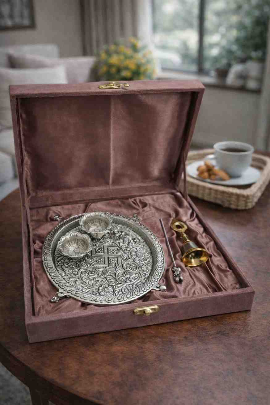 Spiritual Soul Silver Pooja Thali Set with Bell and Diya in Velvet Gift Box