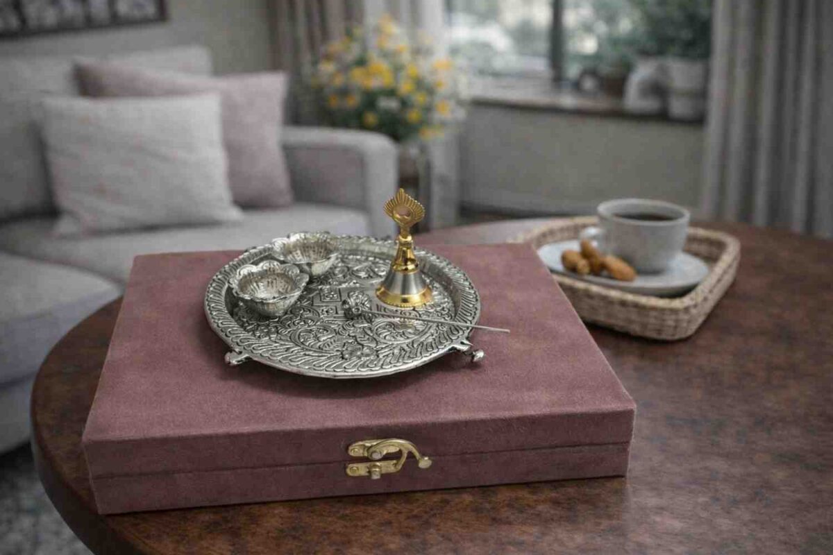 Spiritual Soul Silver Pooja Thali Set with Bell and Diya in Velvet Gift Box