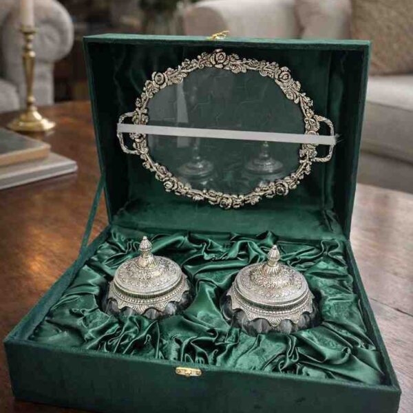 Silver Dry Fruit Bowl Set with Tray Gift Box