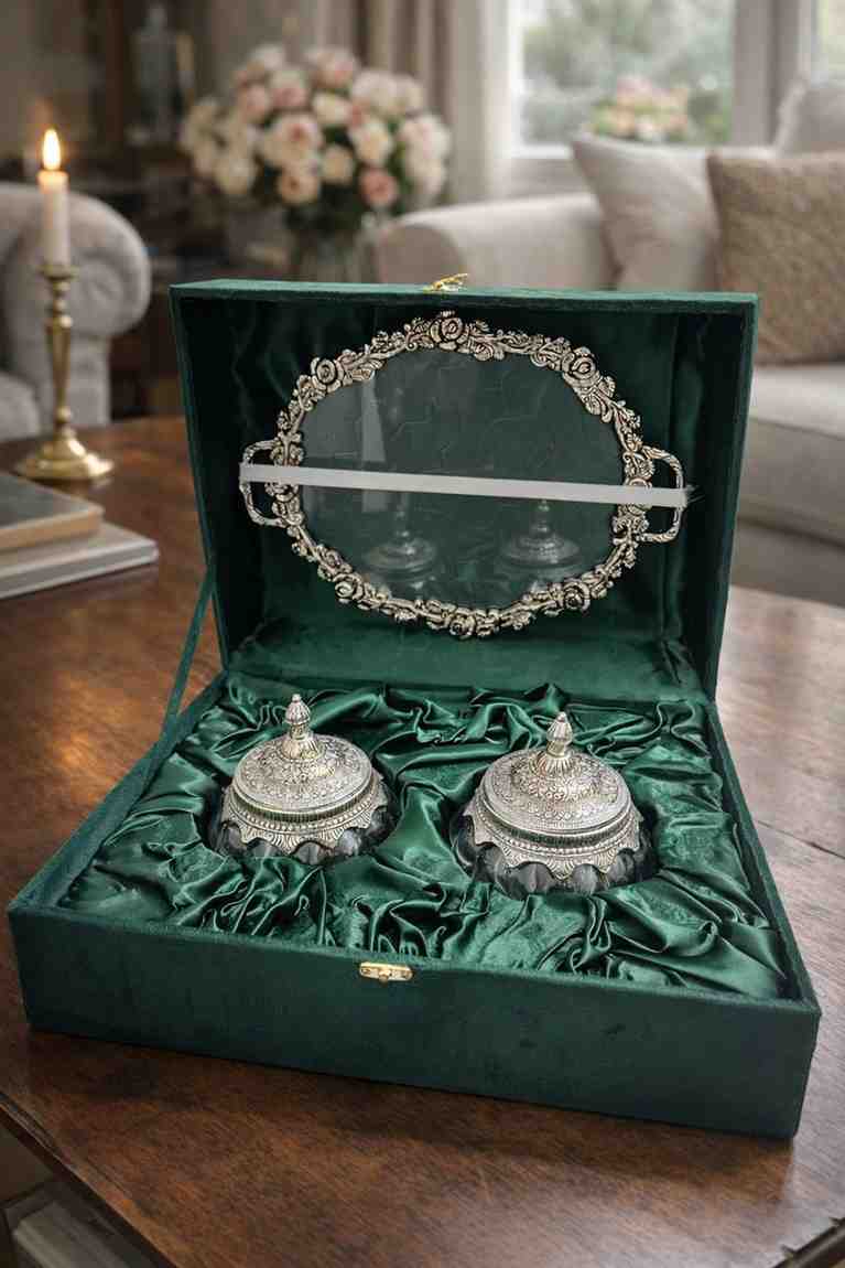 Silver Dry Fruit Bowl Set with Tray Gift Box