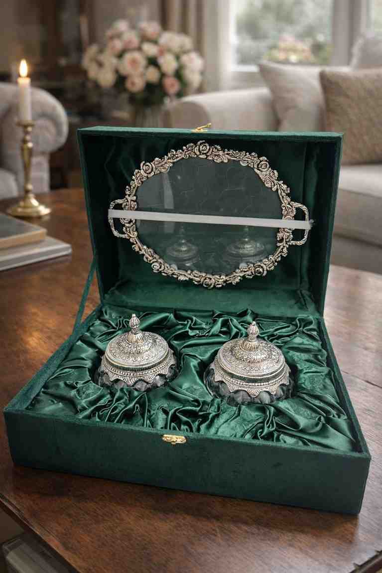 Silver Dry Fruit Bowl Set with Tray Gift Box