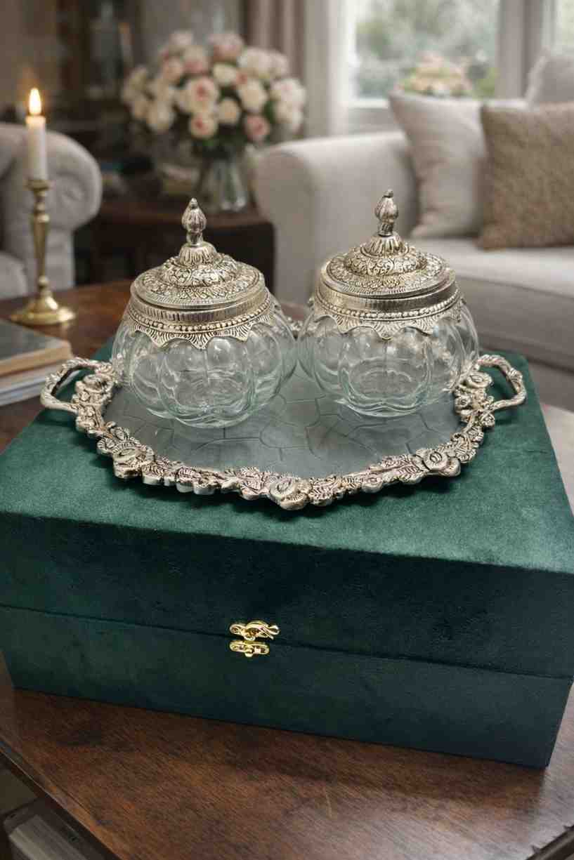 Silver Dry Fruit Bowl Set with Tray Gift Box