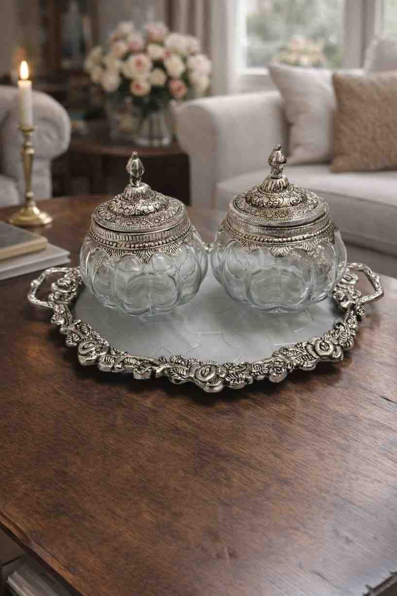 Silver Dry Fruit Bowl Set with Tray Gift Box