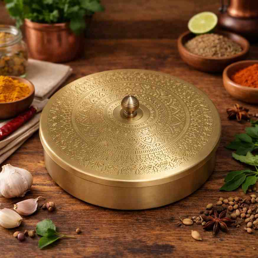 Brass Masala Box – Premium Handcrafted Brass Spice Box with Decorative Lid for Elegant Kitchen Storage 2 Brass Masala Box – Premium Handcrafted Brass Spice Box with Decorative Lid for Elegant Kitchen Storage