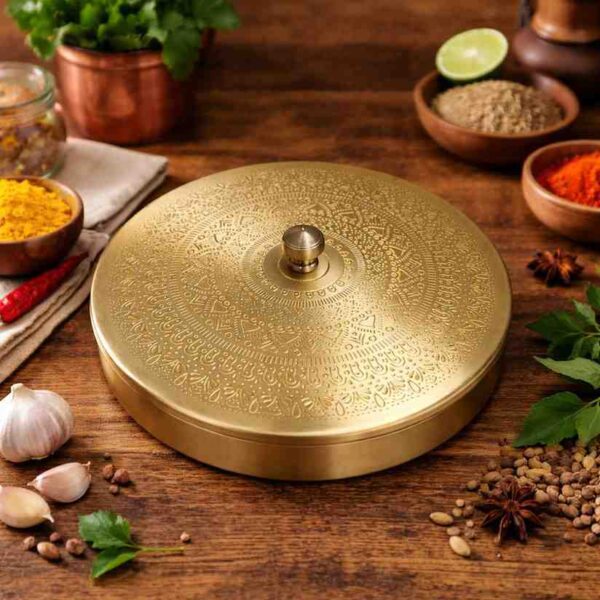 Brass Masala Box – Premium Handcrafted Brass Spice Box with Decorative Lid for Elegant Kitchen Storage
