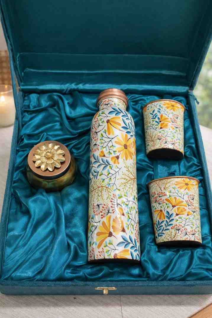 Pure Copper Gift Set – Premium Copper Bottle with 2 Glasses and Gold Plated Metal Jar 6 Pure Copper Gift Set – Premium Copper Bottle with 2 Glasses and Gold Plated Metal Jar